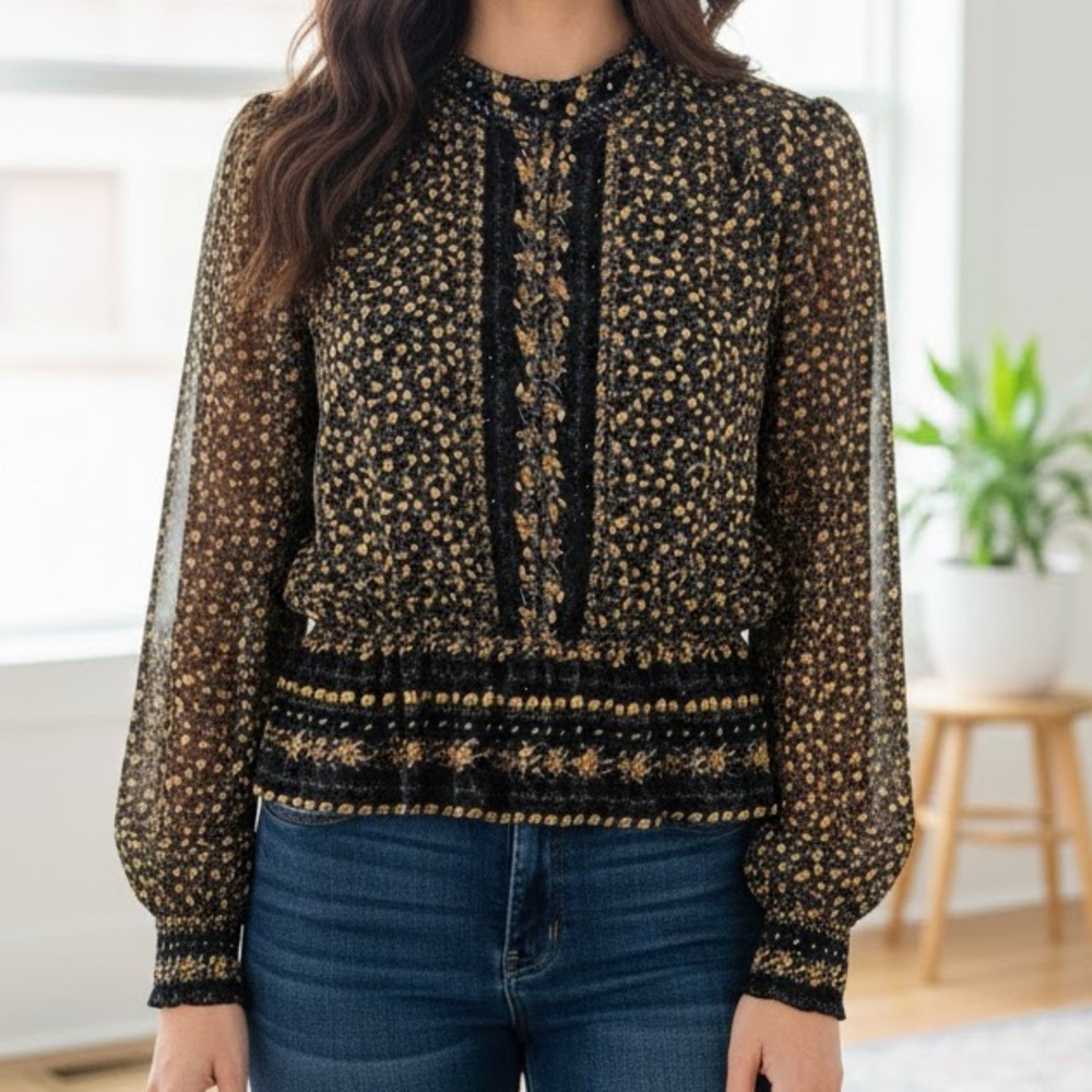 Free People If I Had You Floral Beaded Long Sleeve Peplum Blouse Small